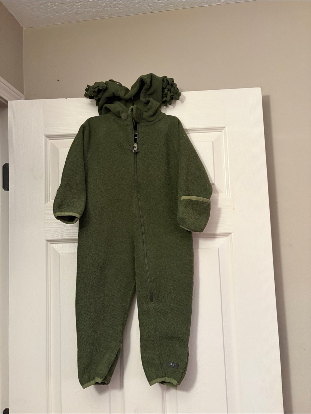 REI Olive Green Fleece One-Piece Footie with Hood